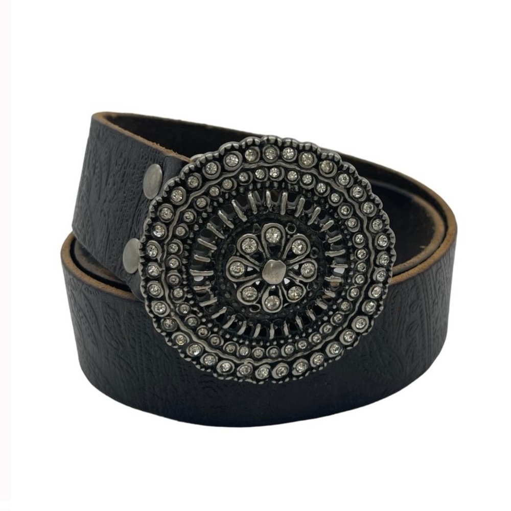 EUC- Fossil Tooled Leather Belt w/Crystall Embellished Buckle